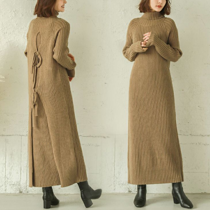 バックリボン ニットワンピース ワンピース レディース マキシ丈 ロング リブニット ハイネック ニットワンピ 大人 きれいめ リボン レイヤード風 おしゃれ 可愛い ブラック 秋冬新作 S M L Lgww At2817 即納 1 5営業日 送料無料 宅込 La Gemme ラジェム