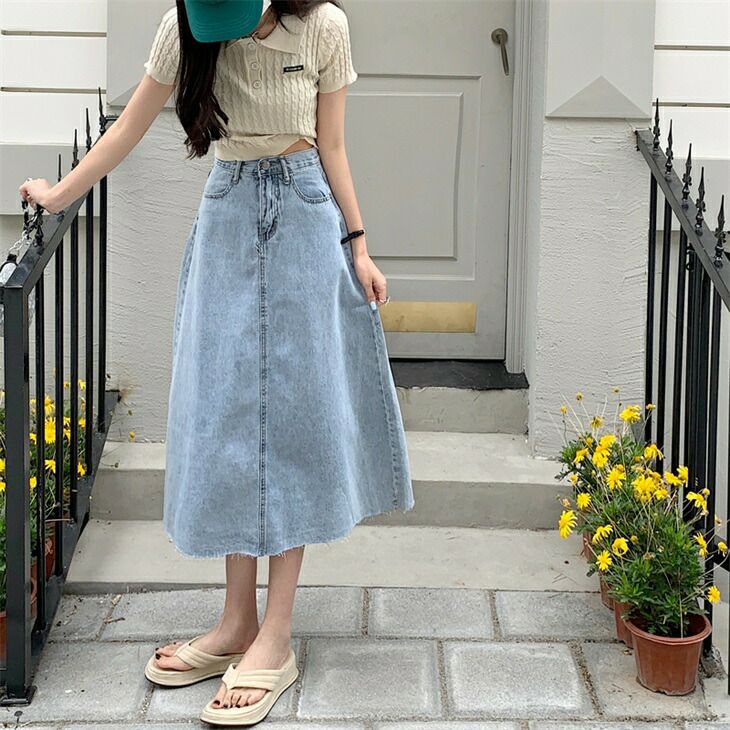 AMELY by La-gemme］ミモレ丈 デニムスカート フレア スカート ロング