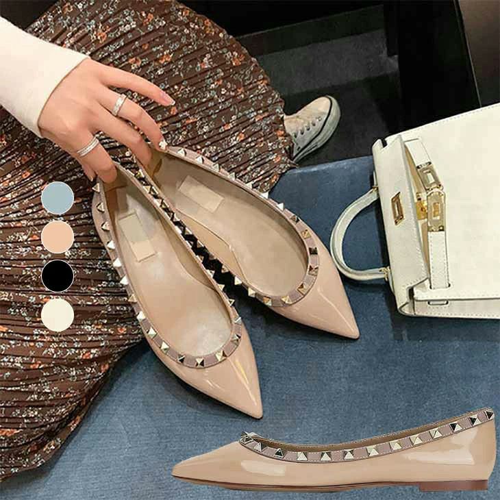 ★美品★バレンチノ フラットシューズ 35.5 スタッズ ポインテッド 晴雨兼用Vカットポインテッドフラットシューズ （ブラックコンビ