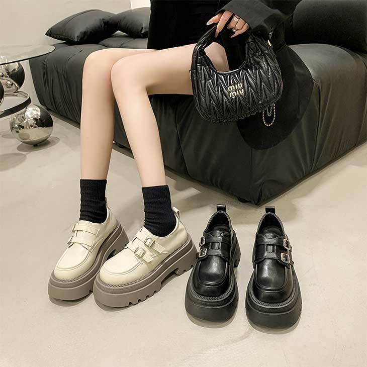 AMELY by La-gemme］ダブル ベルト付き 厚底 ローファー PU